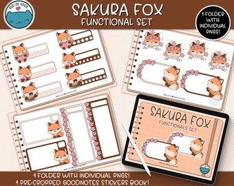 SAKURA FOX FUNCTIONAL ,kawaii illustration, digital sticker book for Planners, Goodnotes file +individual transparent pngs. Hand drawn
