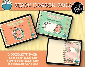 PEACH DRAGON Mega Pack, kawaii illustration, digital sticker book for digital Planners, Goodnotes file + individual transparent pngs.