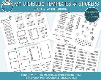 My Digibujo TEMPLATES & STICKERS kit - Black and white edition (for Ipad or Android planners) Goodnotes + individual transparent pngs