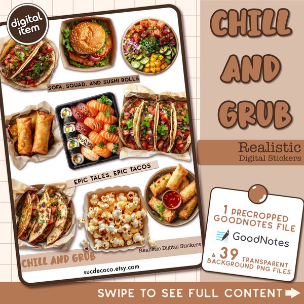 REALISTIC DIGITAL PLANNER Stickers | Chill and Grub | Realistic Set | Precropped Goodnotes file+individual transparent pngs.