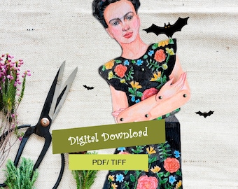 Pappersdockor Frida - docka, pysselpresent, bokhylledekor, mexikanska festgåvor - direkt nedladdning, PDF