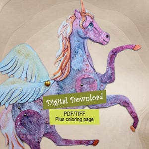 Paper dolls Unicorn, Pegasus - Articulated animals, puppets, bookshelf decor, back to school gift