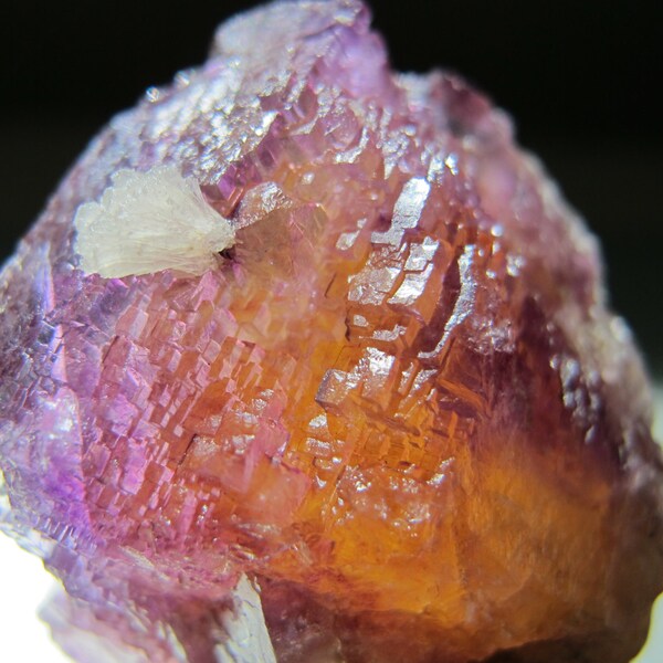 Glowing Purple Orange-Yellow Fluorite Crystal Cluster w Calcite Flower and Rainbow Inclusions Chakra Clearing Sedona Vortex Reiki Charged~