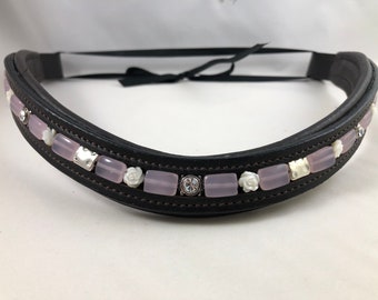 Blush Pink glass beads with Mother of Pearl roses. Beaded browband. READY TO SHIP.