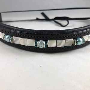 Mother of pearl and teal glass beads beaded browband. READY TO SHIP