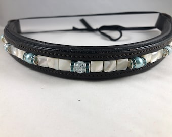 Mother of pearl and teal glass beads beaded browband. READY TO SHIP