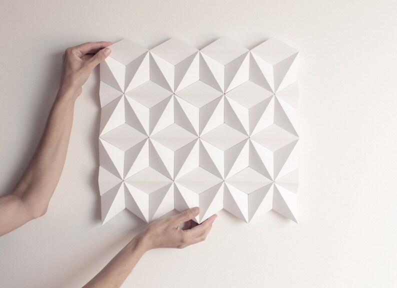 White 3d Wall Art Square Decor Sacred Geometry Origami Tile Hanging Moduuli Paper