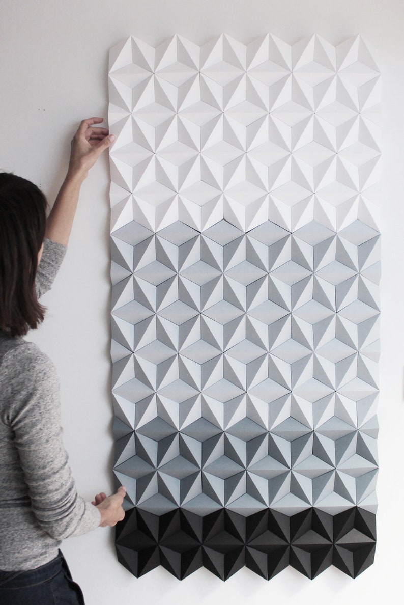 Large Geometric Home Decor White Gray Black Paper Wall Art, Black and