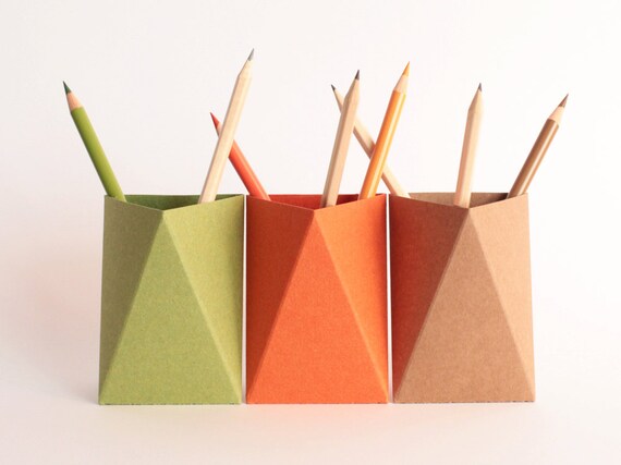 3box Desk Organizer Orange Desk Pen Holder Origami Paper Etsy