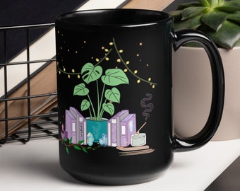 Witchy Shelf Mug Black Glossy Mug Stars Fairy Lights Books Crystals Mug for Coffee Tea Gift for Him Her Them Unisex