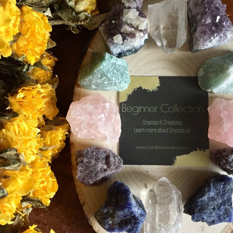 Beginner Crystal Set | Starter Kit with 8 Raw Natural Crystals and Stones | Bohemian Decor | Amethyst Jasper Rose Quartz Beginner Witch 