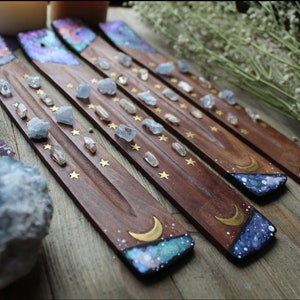 Galaxy Crystal Incense Holder Hand painted Healing Crystals and Stones Incense Burner Incense Display Moon and Stars Decor Gift image 9