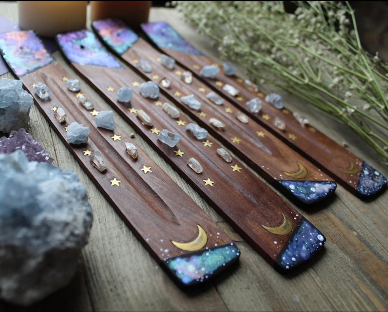 Galaxy Crystal Incense Holder Hand painted Healing Crystals and Stones Incense Burner Incense Display Moon and Stars Decor Gift image 9