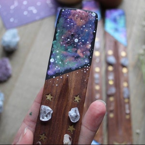 Galaxy Crystal Incense Holder Hand painted Healing Crystals and Stones Incense Burner Incense Display Moon and Stars Decor Gift image 4