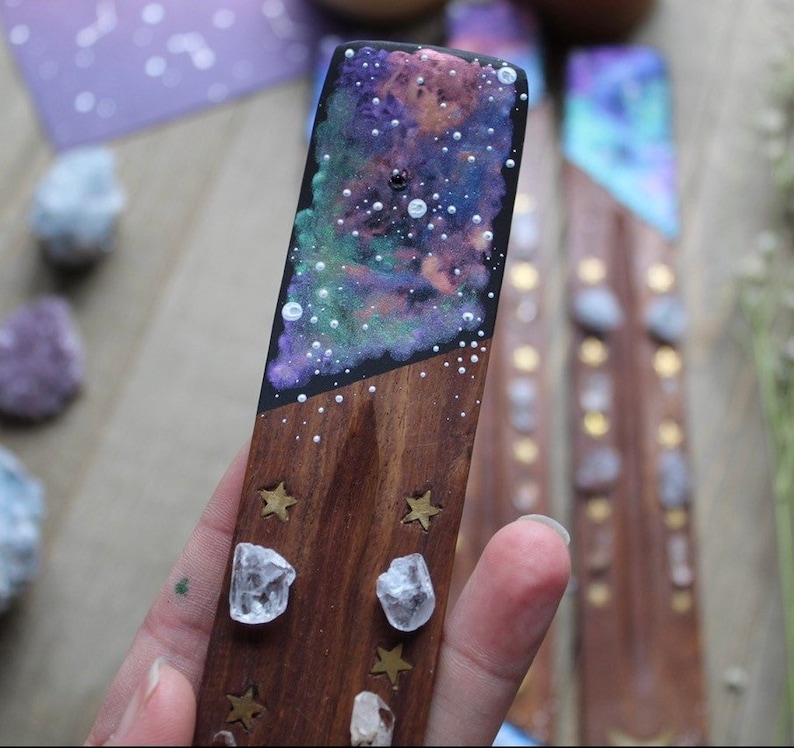 Galaxy Crystal Incense Holder Hand painted Healing Crystals and Stones Incense Burner Incense Display Moon and Stars Decor Gift image 4