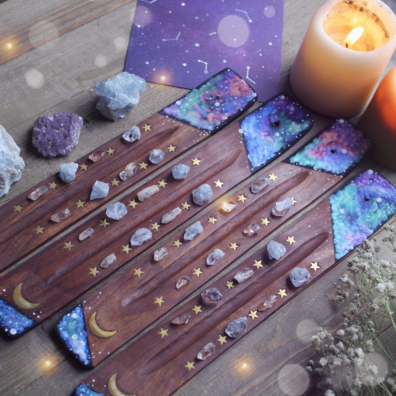 Galaxy Crystal Incense Holder Hand painted Healing Crystals and Stones Incense Burner Incense Display Moon and Stars Decor Gift image 2