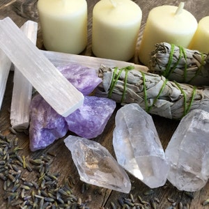 Home Blessings Set Cleansing Crystals and Sage Kit Gift for Her Raw Crystal Healing Crystals and Stones Meditation Smudge Kit Bohemian Decor