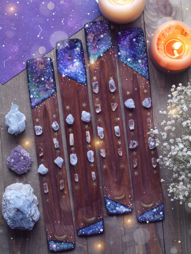 Galaxy Crystal Incense Holder Hand painted Healing Crystals and Stones Incense Burner Incense Display Moon and Stars Decor Gift image 5