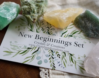 New Beginnings Crystal Set - Green Calcite, Orange Calcite, Chrysoprase, Aventurine, Rose Quartz with Guide - Fresh Start & Growth