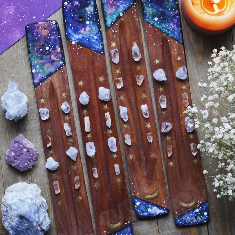 Galaxy Crystal Incense Holder Hand painted Healing Crystals and Stones Incense Burner Incense Display Moon and Stars Decor Gift image 3