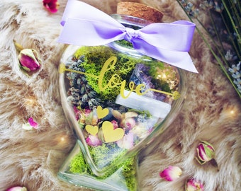 Love & Romance Jar - Heart Shaped Terrarium Jar with Healing Crystals and Herbs for Valentine's Day Gift