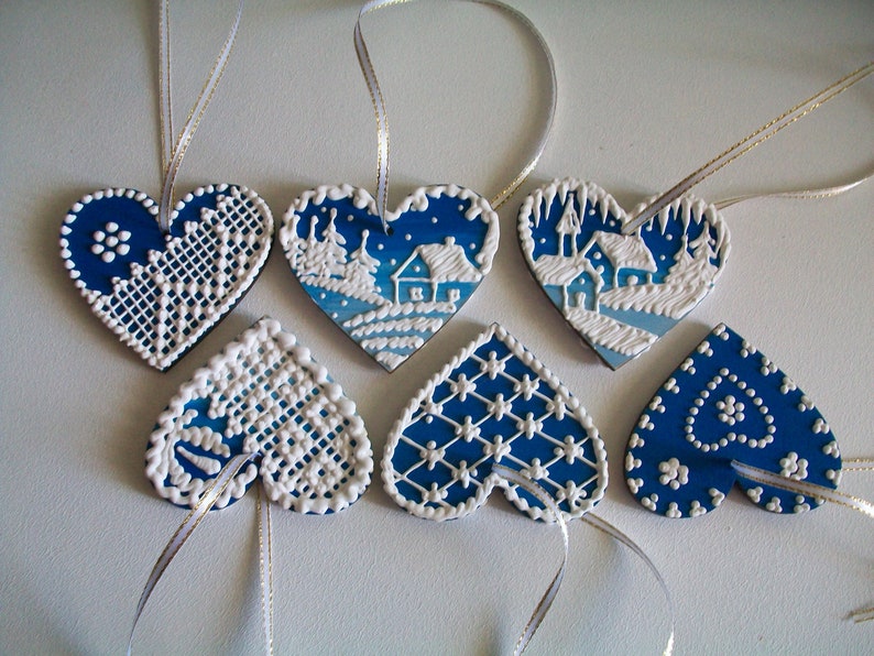 Royal Icing Cookies OOAK Christmas Wood Ornaments Hand Painted Ornament Set of 6