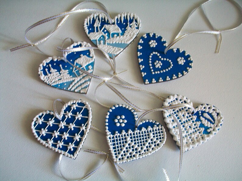 Royal Icing Cookies OOAK Christmas Wood Ornaments Hand Painted Ornament Set of 6