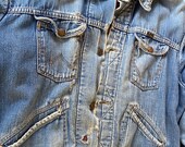 Wrangler Distressed Grunged 60-70s Jean Jacket-Plaid Wool Lining-Size 46 Photos describe it best.