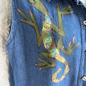 Lizard-Denim Maxi Dress/Hand painted Colorful-Whimsical Lizard-Gecko/Size M by Sunbelt Denim