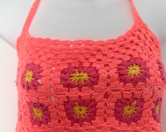 Hand crochet granny square halter top-Size Medium