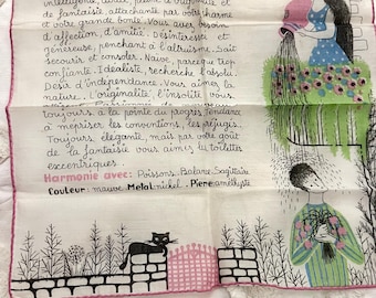 May include: Vintage white handkerchief with a pink border featuring the word "VERSEAU" and French text about the Aquarius zodiac sign. Includes illustrations of a woman, a man, and a black cat.