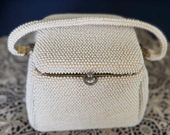 Ivory Beaded Box Purse with Mirror - Lumured USA