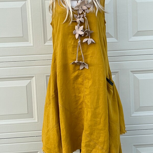 Vtg Boho linen jumper dress/ Yuvita Boho 100% linen Asymmetrical-Hankerchief hem Gold Midi- Dress/flower Belt-Necklace  Included Size Medium