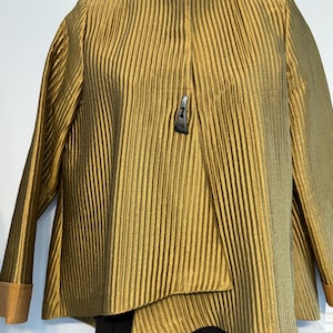 May include: Gold-colored, vertically-striped jacket with a high collar and a single, dark button closure. The jacket has long sleeves with brown cuffs. The bottom portion of the jacket is layered over black pants.