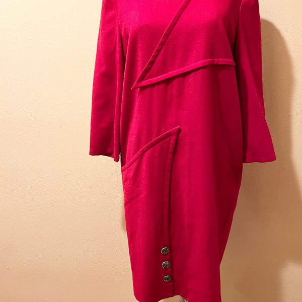 Vintage 80's Mod Red Wool Dress by Ildiko/Size 12/Made in U.S.A/Very Good Pre-Owned Condition