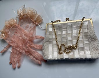 Vintage  White Beaded Bag by Mister Ernest made in Hong Kong+Lace Gloves