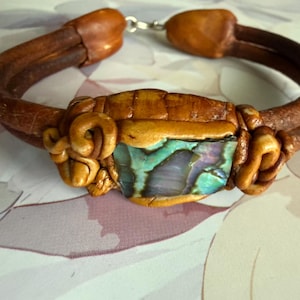 Artisan Leather Cuff Bracelet-Iridescent Shell stone inlay