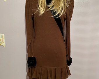 Women- Oscar De La Renta Dress: Brown Ruffle Knit-Velvet Trim