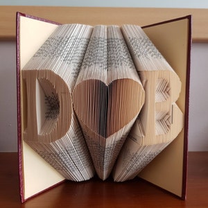 Folded book art, initials with & or heart, paper anniversary gift for wife, first anniversary gift for husband, wedding gift for couple, art Heart/NO spinedetail