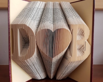 Folded book art, initials with & or heart, paper anniversary gift for wife, first anniversary gift for husband, wedding gift for couple, art