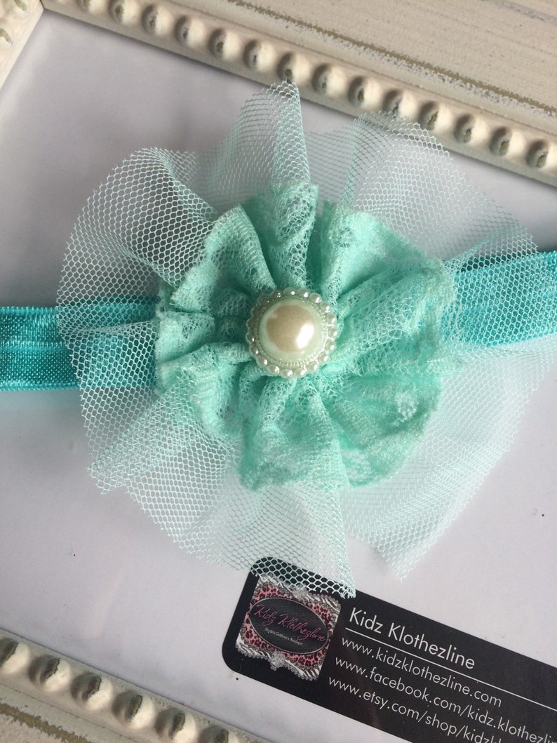 Headband Lace Tulle Pearl Center Headband Newborn Headband Photo Prop Baby Girl Mint Headband