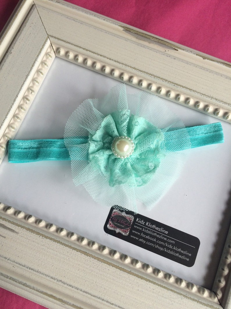 Headband Lace Tulle Pearl Center Headband Newborn Headband Photo Prop Baby Girl Mint Headband