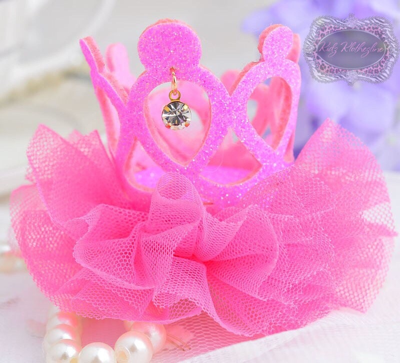 Hot Pink Glitter Crown Tiara Tulle With Dangling Rhinestone - Etsy