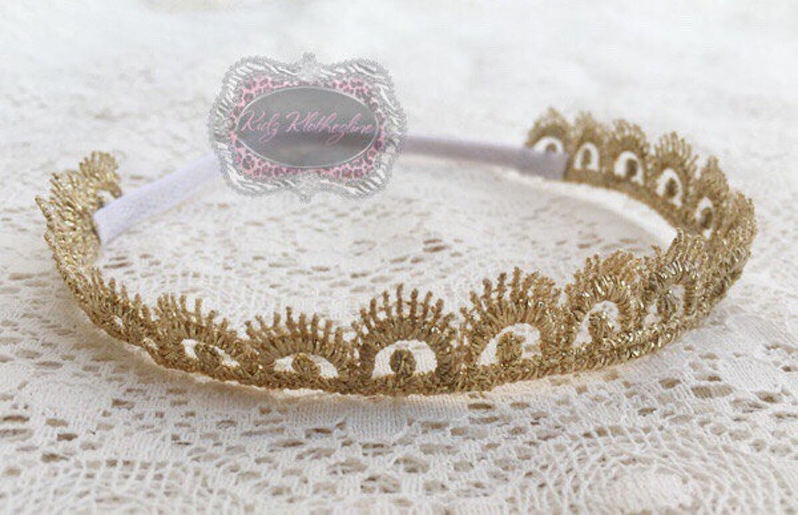 Gold Lace Headband Crown Christening Headband Newborn Photo Etsy