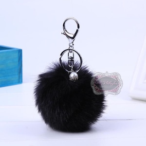 Keychain Pocketbook Charm Black Furry Ball Silver Gold Keychain with Pearl Bag Charm Furry Ball