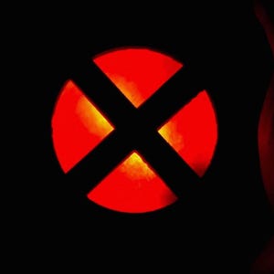 May include: A circular emblem featuring a bold black X shape centered over a vibrant, glowing red light source. The design is set against a solid black background, creating a high-contrast visual effect with the bright red illumination.