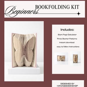 Op de afbeelding: Een boekvouwset voor beginners met een vlindervormig gevouwen boek, een startpaginacalculator, drie patronen, directe download en instructies. De set is ontworpen door HANASDESIGNSHOP en bevat afbeeldingen van hart- en uilontwerpen.