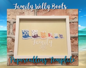 Papercutting Template Family Welly Boots - JPEG and PDF files - Handcut or cutting machine - CommercialRights inc Template #150