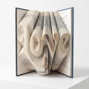 Op de afbeelding: Een hardcover boek waarvan de pagina's ingewikkeld zijn gevouwen om het woord LOVE in een driedimensionaal reliëf te vormen. Het boek heeft een donkerblauwe kaft en crèmekleurige papieren pagina's met zichtbare zwarte gedrukte tekst.