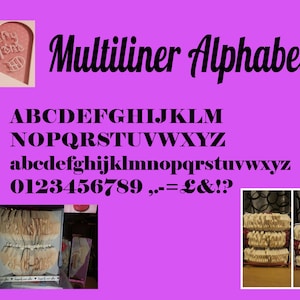 May include: A set of wooden alphabet stamps with uppercase and lowercase letters, numbers, and punctuation marks. The stamps are arranged in a display case with a pink background. The text "Multiliner Alphabet" is written in black cursive font.
